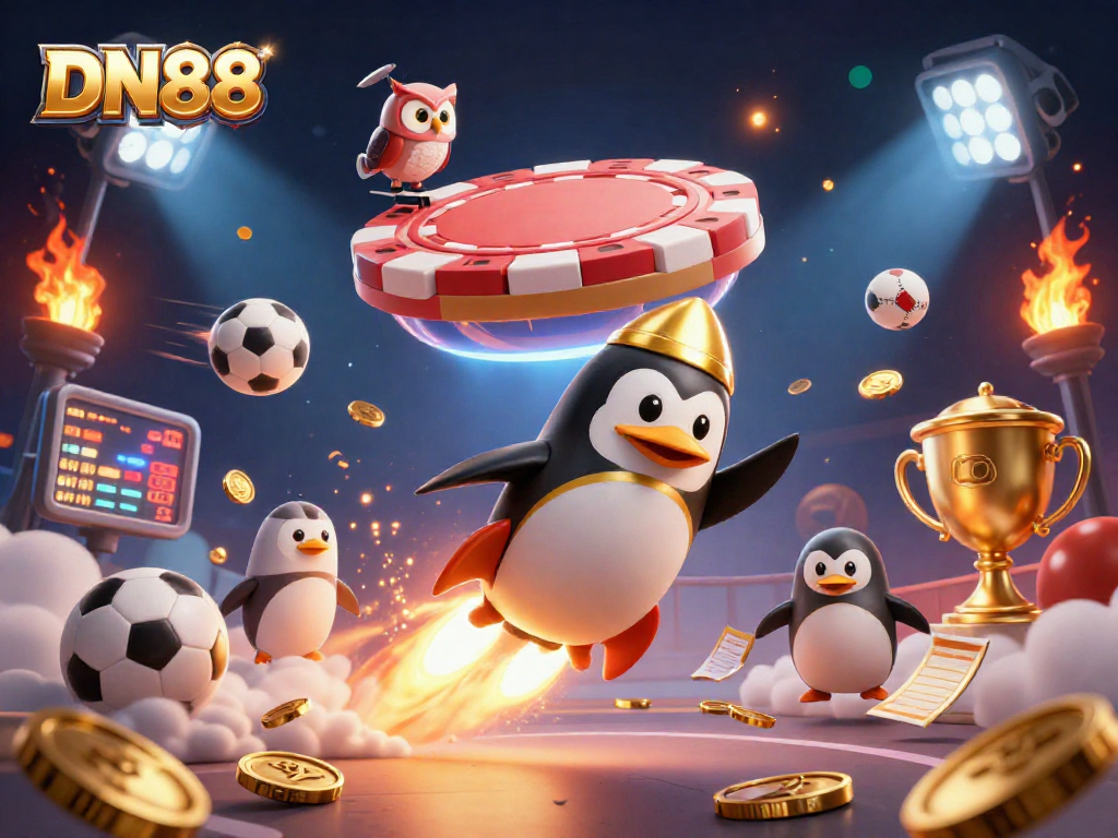 Experience thrilling gaming at DN88 with a golden penguin rocketing through a vibrant casino scene.