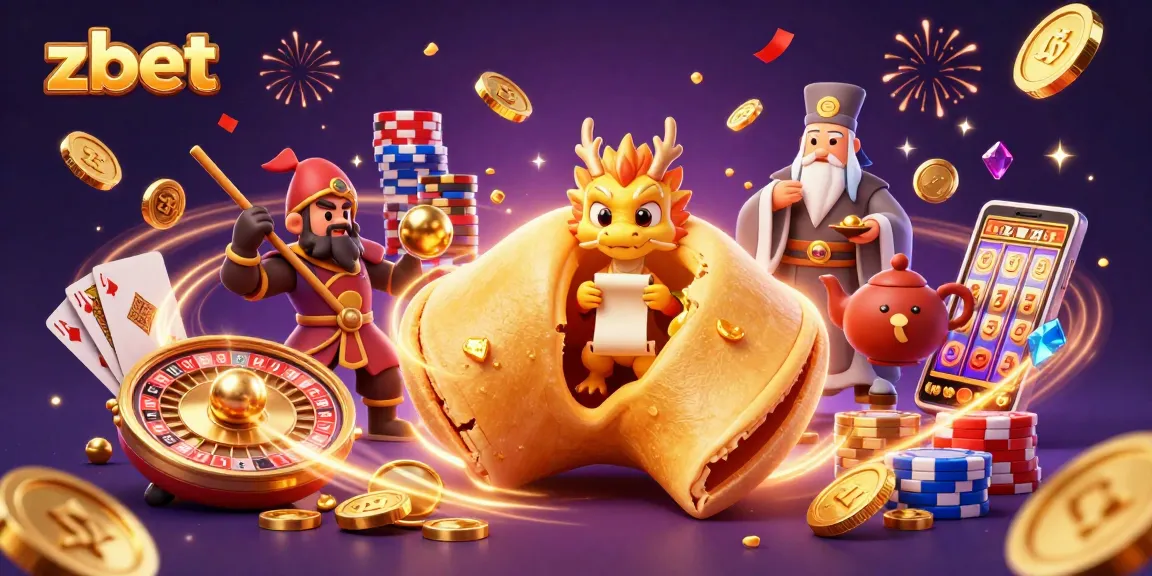 ZBET captures thrilling moments of winning with golden fortune cookies and dynamic casino elements.