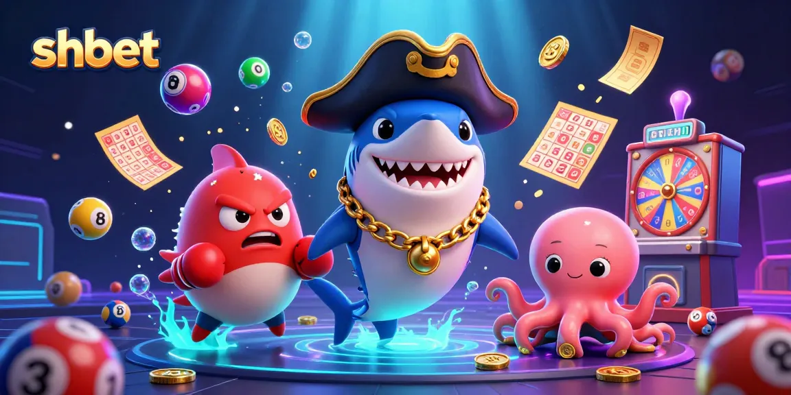 shbet characters celebrate a vibrant lottery draw with colorful games and gold coins