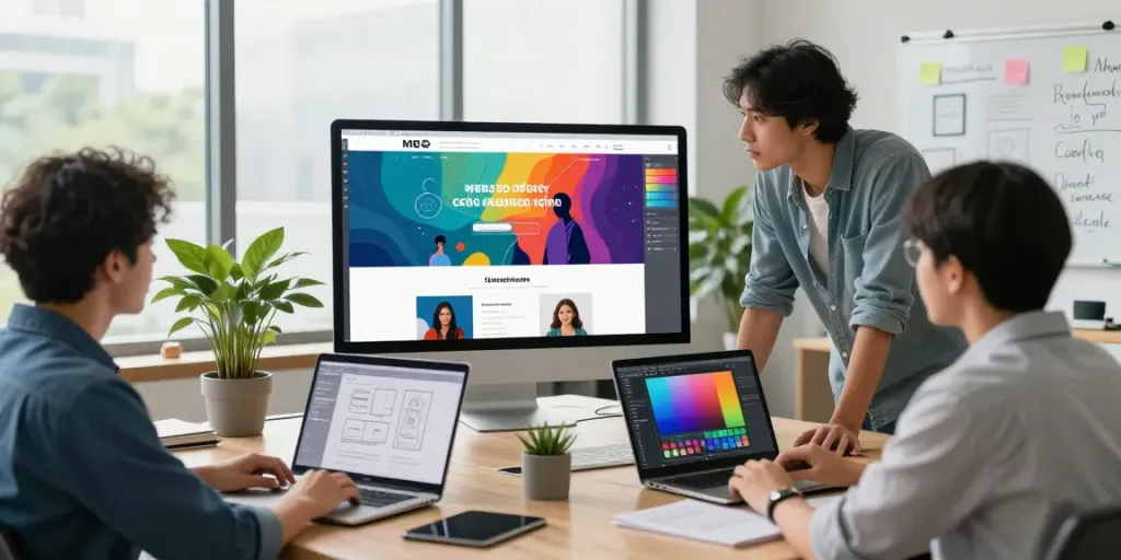Zakelijk website maken door een professioneel team met ontwerpen en strategieën in een moderne kantooromgeving.