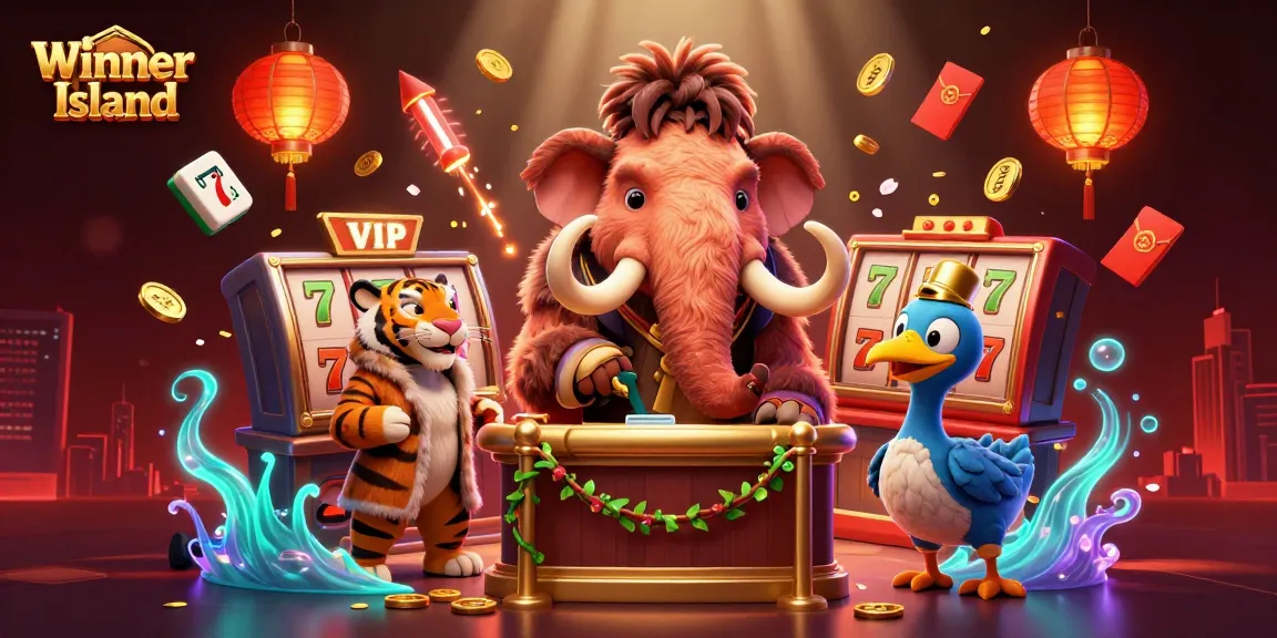 Play thrilling games at Winner Island Casino featuring slots and jackpots in a vibrant 3D illustration.