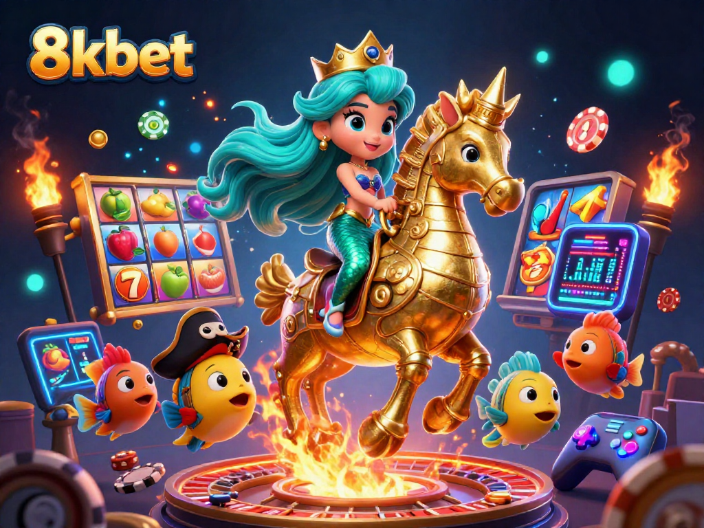 Experience dazzling excitement with 8kbet's vibrant casino scene featuring slots and engaging characters.