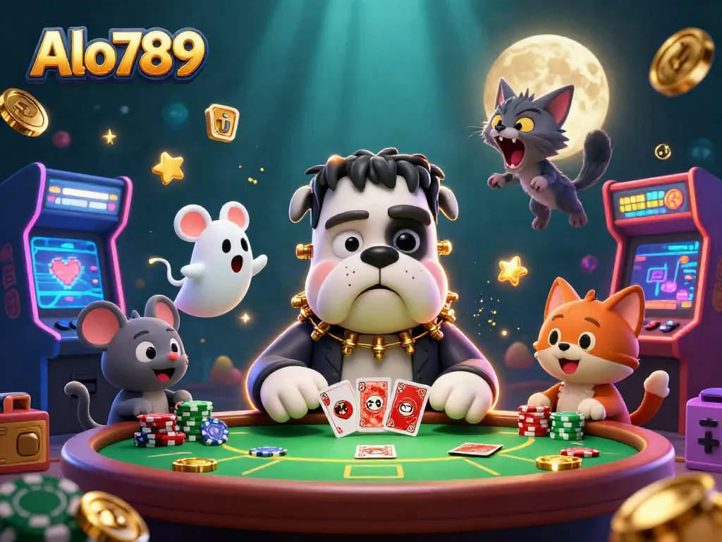Alo789 cards dealt at a spooky poker table by a Frankenstein bulldog, emphasizing gaming excitement.