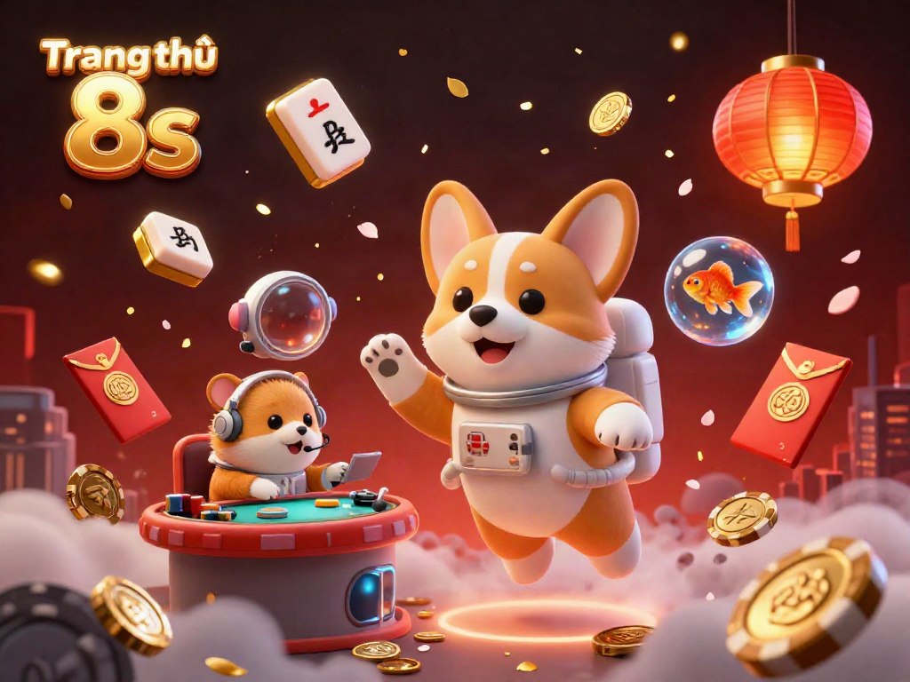 Engaging 3D illustration of Trang chủ 8s featuring a cartoon astronaut corgi and game elements in a casino.
