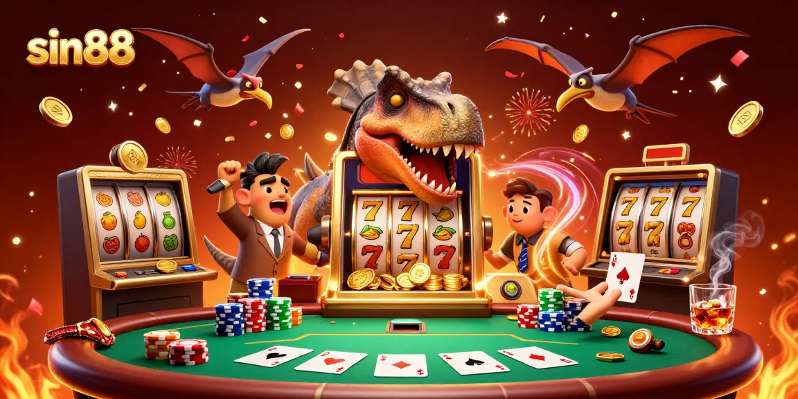 Experience sin88 excitement with a dinosaur winning a jackpot, golden coins flying everywhere, and a casino atmosphere.