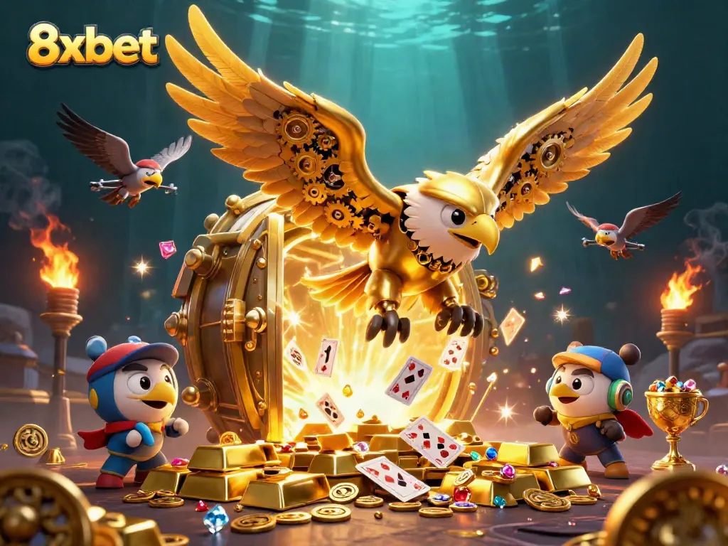 Engage in thrilling games at 8xbet with vibrant 3D illustration showcasing dynamic casino elements and golden treasures.