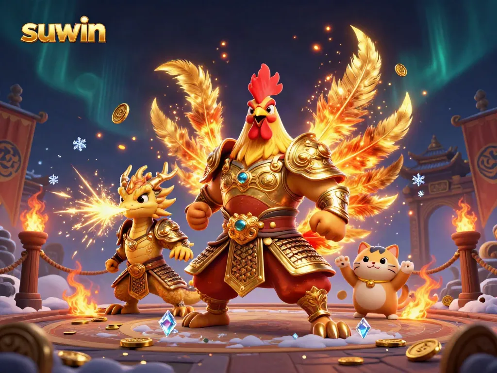 Engage in thrilling battles with suwin’s dynamic characters in an ornate casino arena setting.