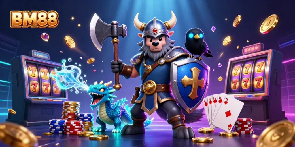 Experience adventure with the Viking wolf warrior, dragon, and raven in a vibrant BM88 casino scene bursting with excitement.