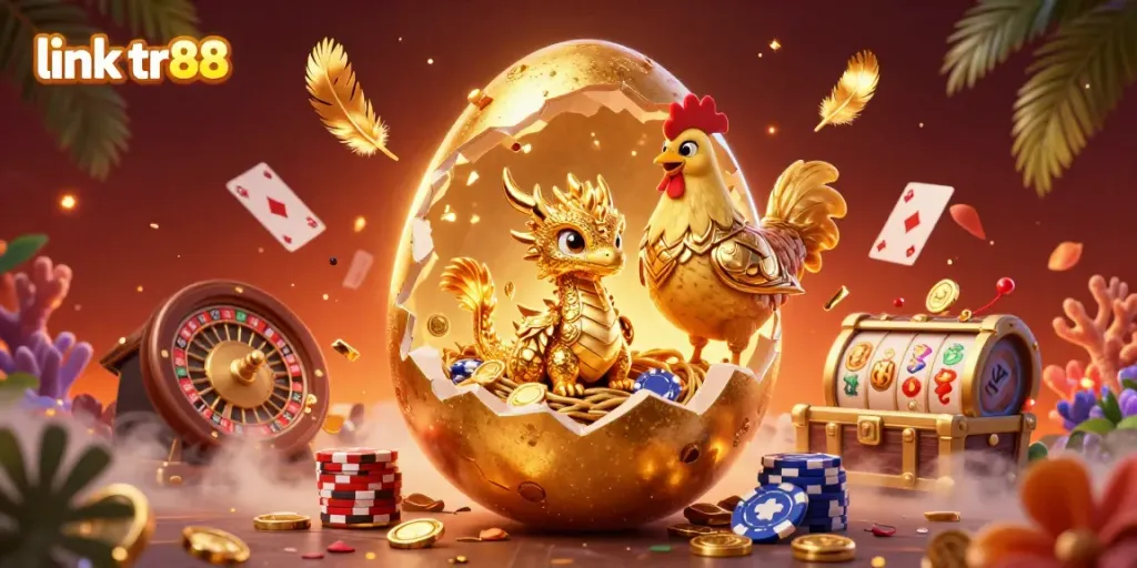 Engage with exciting gameplay at link tr88, featuring a golden dragon amid poker chips and casino iconography.