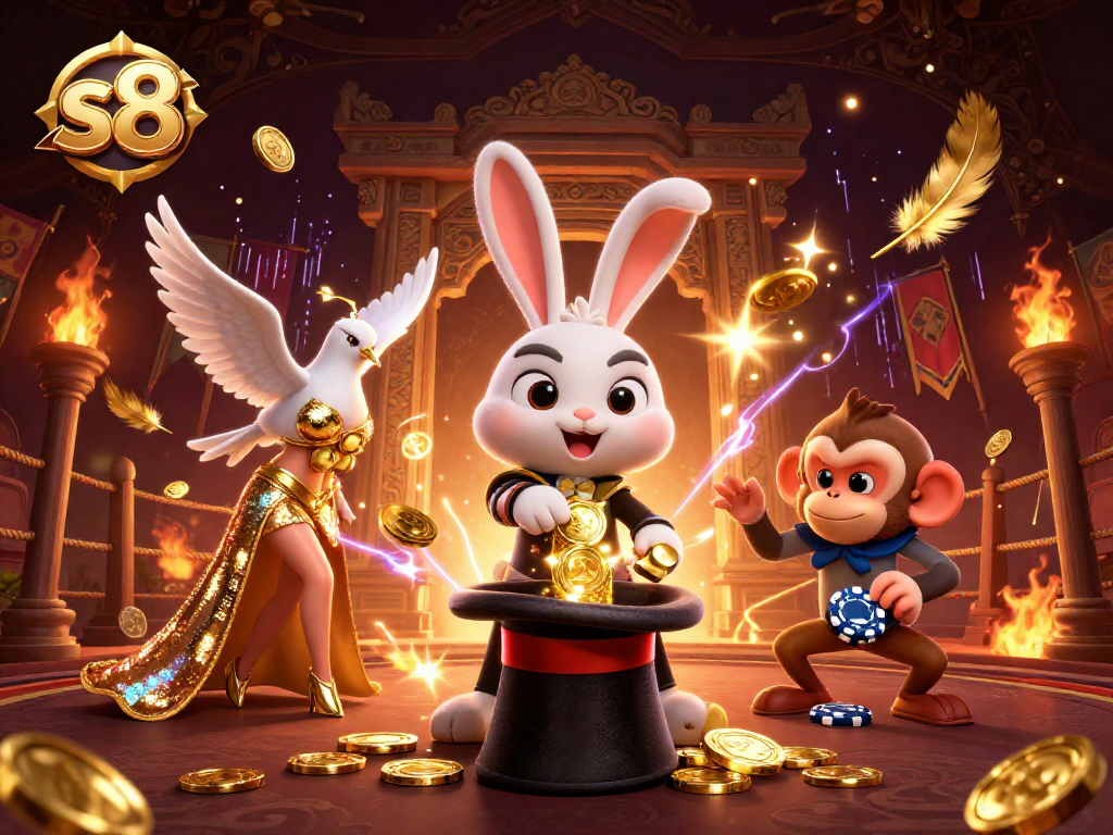 Experience the thrill of s8 with a magician rabbit and dazzling dove in a dynamic casino scene.