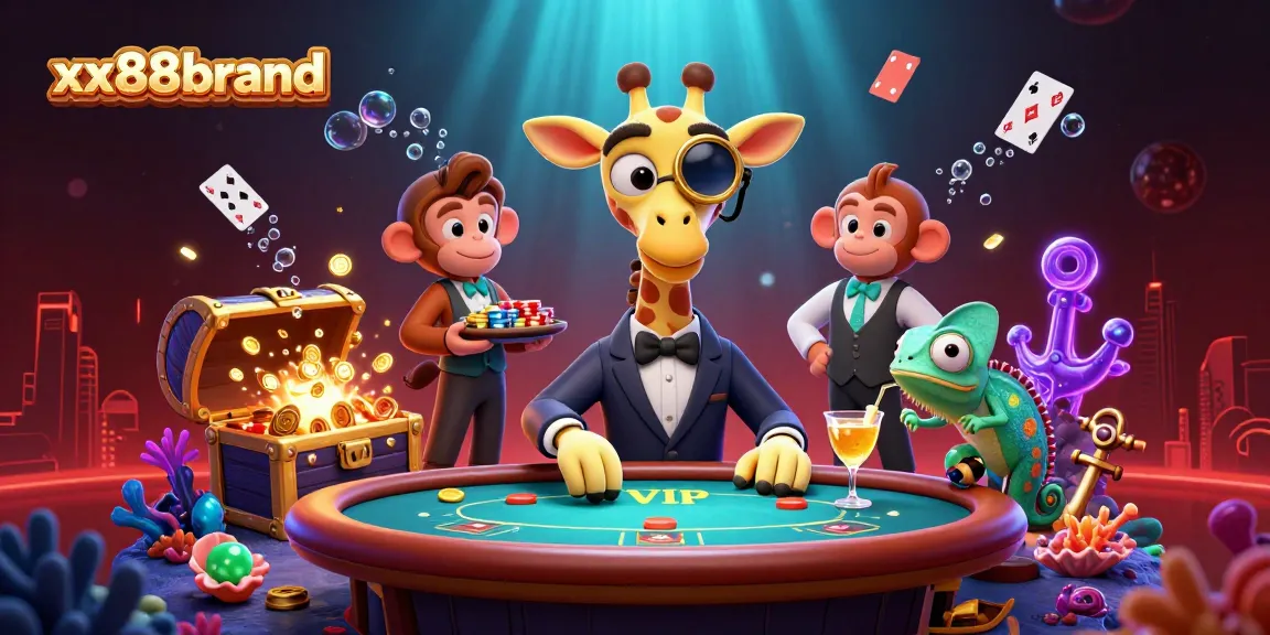 Bet on excitement with xx88brand - an enchanting 3D casino-themed scene featuring a giraffe, monkey, and chameleon.
