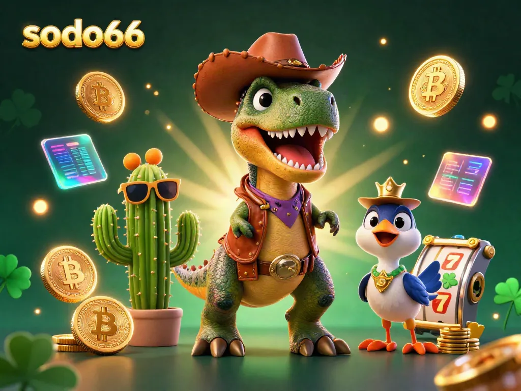 Sodo66 lively illustration with a cowboy T-Rex, cactus sidekick, and roadrunner amidst slots and crypto coins.