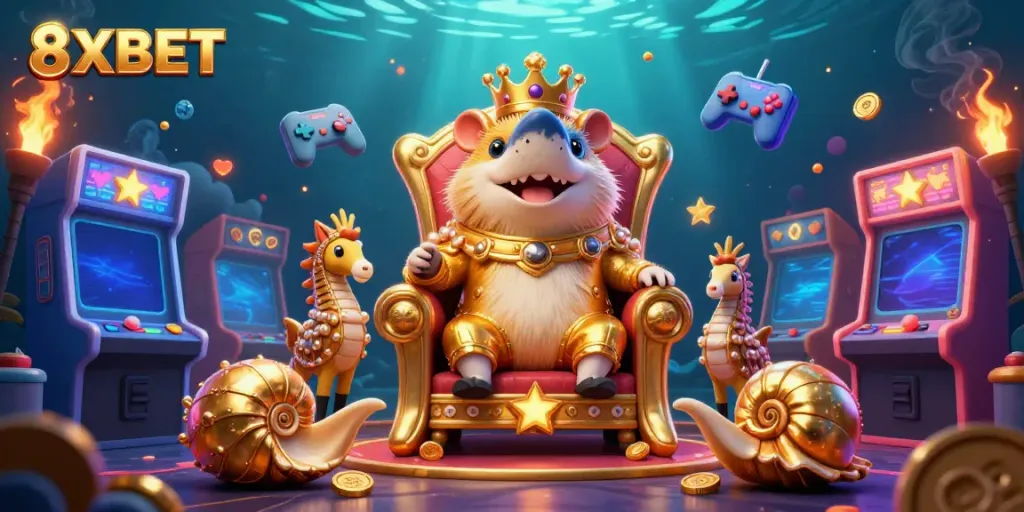 Engage in thrilling casino adventures with the golden hamster king at 8XBET, surrounded by vibrant gaming elements.