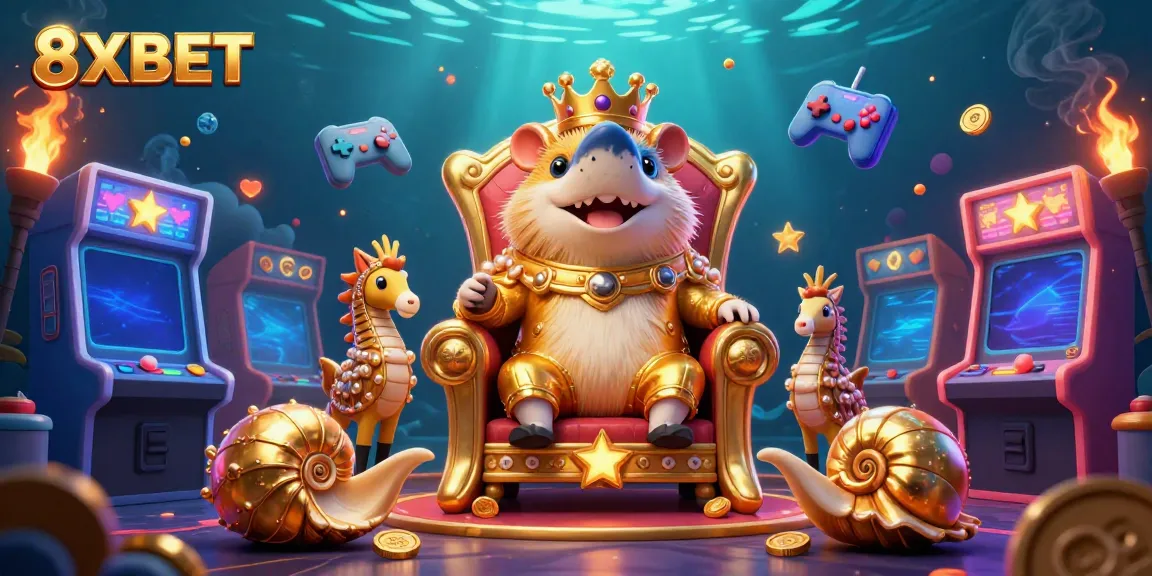 Engage in thrilling casino adventures with the golden hamster king at 8XBET, surrounded by vibrant gaming elements.