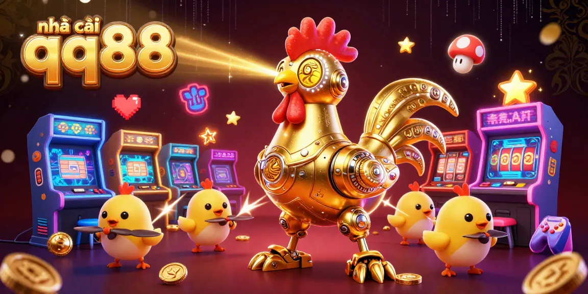 Engage with nhà cái qq88 in this vibrant 3D casino scene featuring a golden rooster robot and game elements.