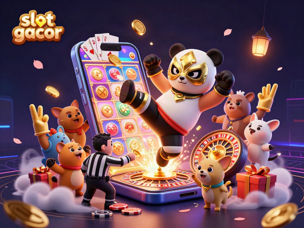Join the excitement with slot gacor as the panda wrestler kicks off a colorful slot game scene surrounded by joyful spectators.
