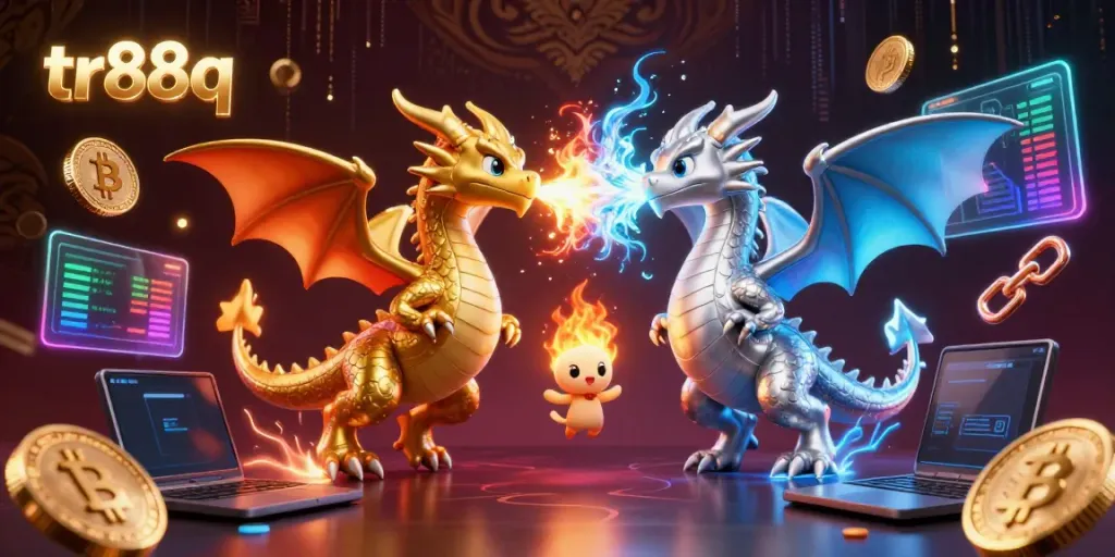 Experience the rich world of tr88q with golden and silver dragons battling while Bitcoin and Ethereum coins soar around.