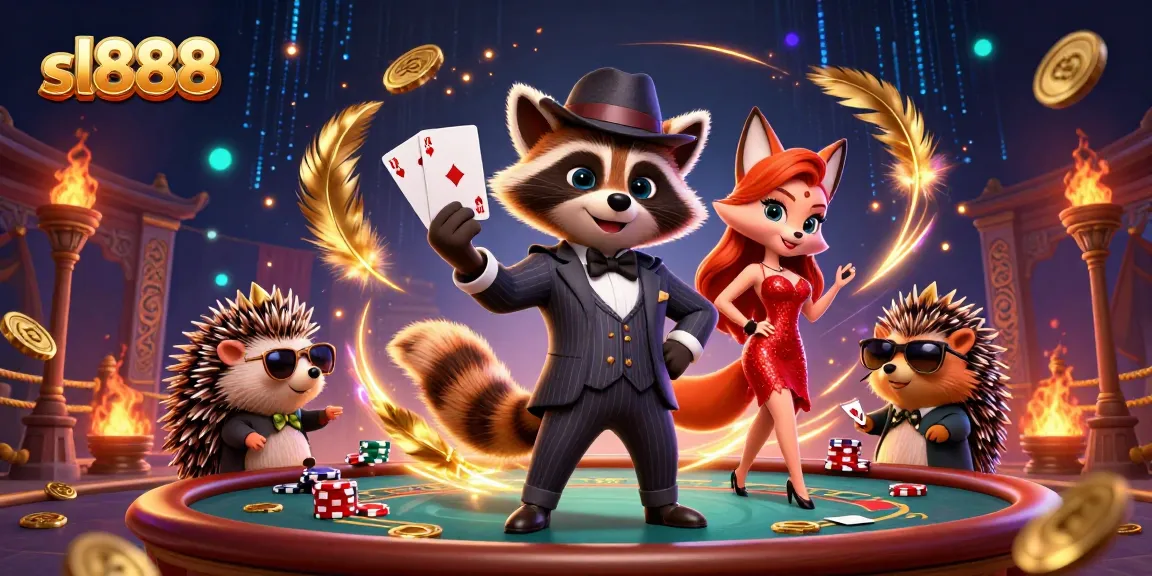 Experience sl888 with a suave raccoon playing cards in a vivid casino scene full of excitement and winning.