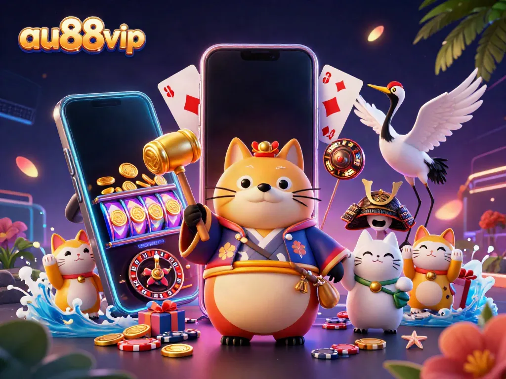 Experience captivating gaming with au88vip, featuring a cheerful tanuki and vibrant slot games.