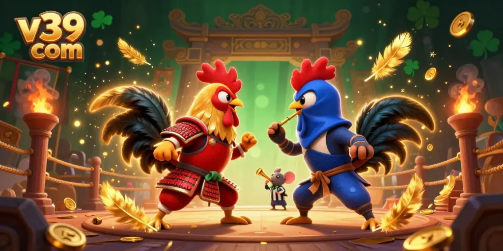 Experience the thrill of v39 com with fighting roosters in dramatic casino showdown, vibrant visuals and gold accents.