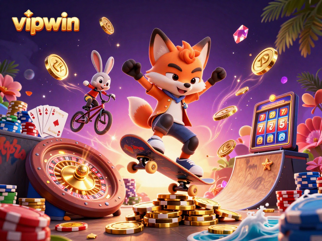 Experience the thrill of vipwin as a fox performs tricks among casinos symbols and golden coins.