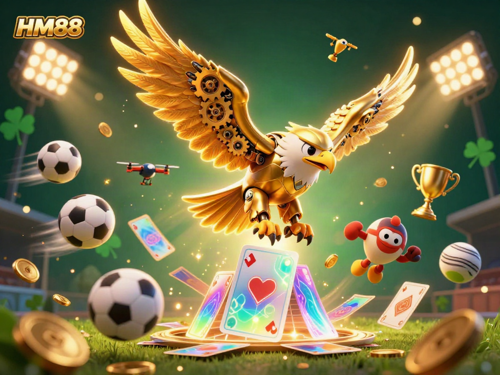 Experience thrilling gaming with HM88's captivating visual of a cybernetic eagle and dynamic sports elements.
