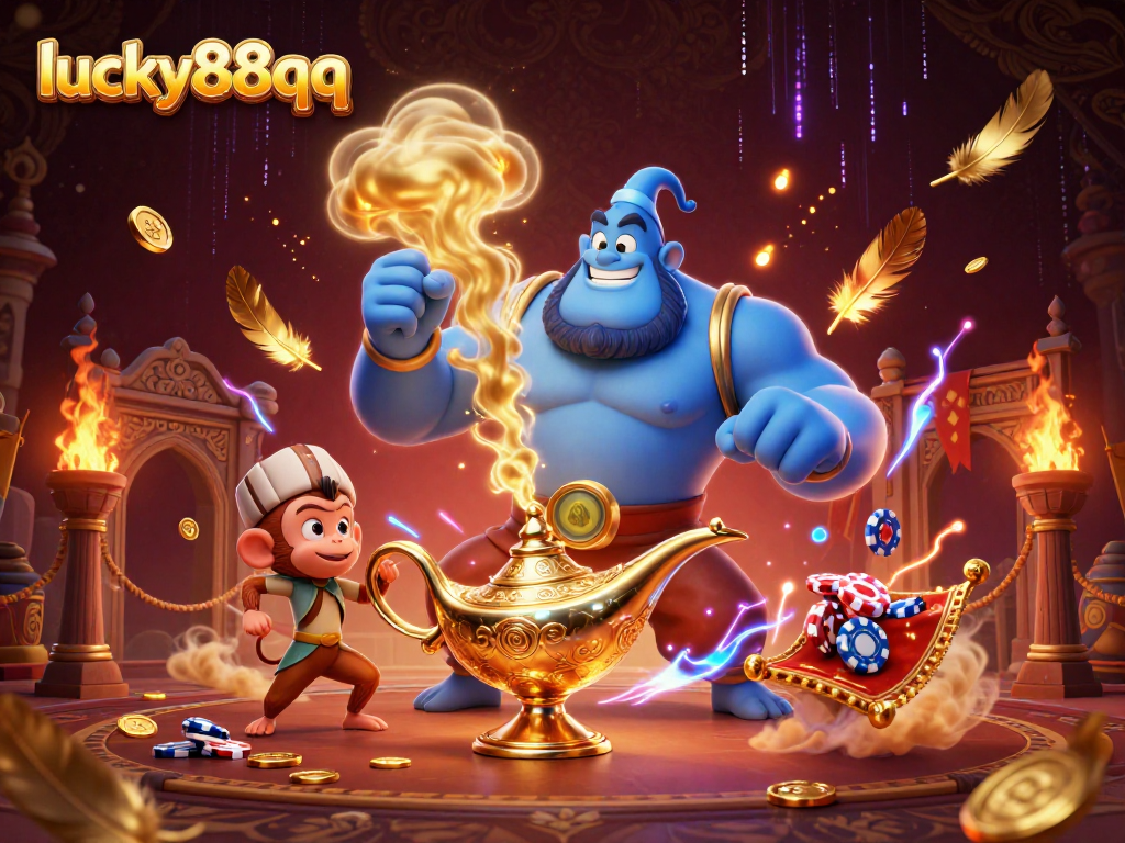 Play exciting games at lucky88qq with vibrant imagery of a genie and poker chips.