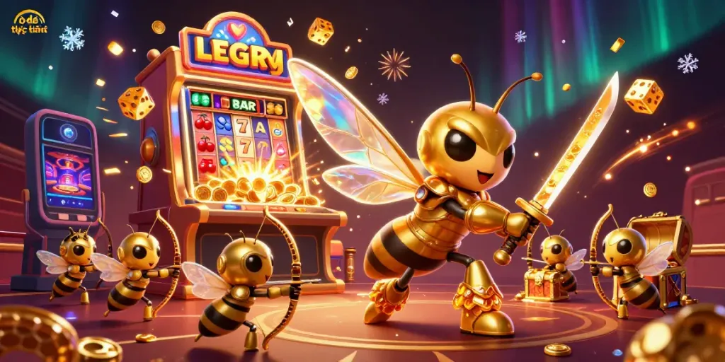 This illustration features a dynamic 3D scene of lô đề trực tuyến gambling, showcasing a hornet samurai amidst casino elements.