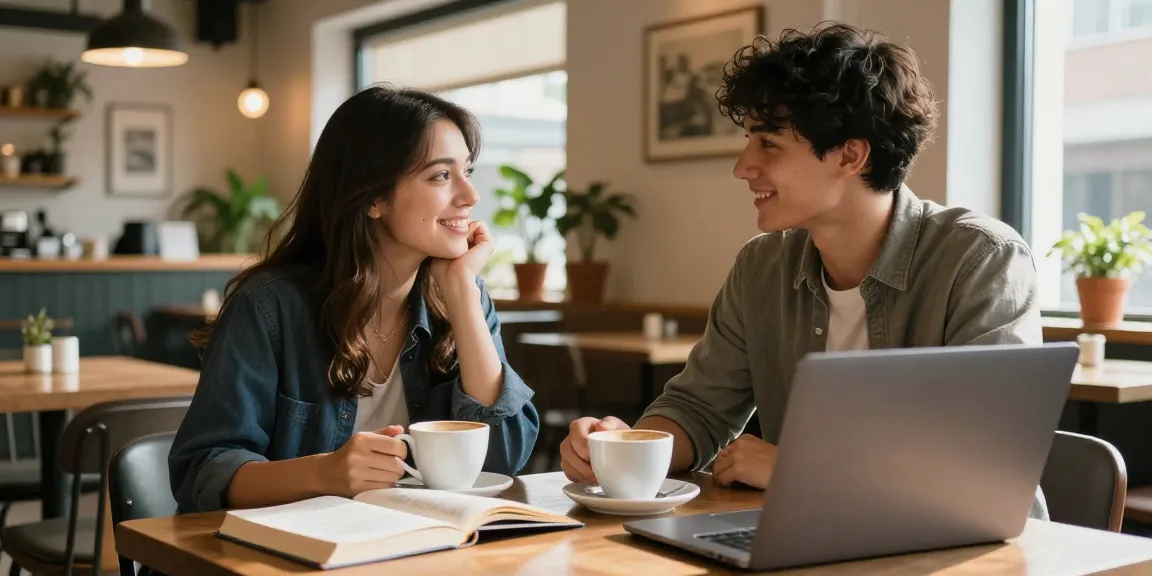 Couple enjoying a coffee date at F168 café, warm and inviting atmosphere