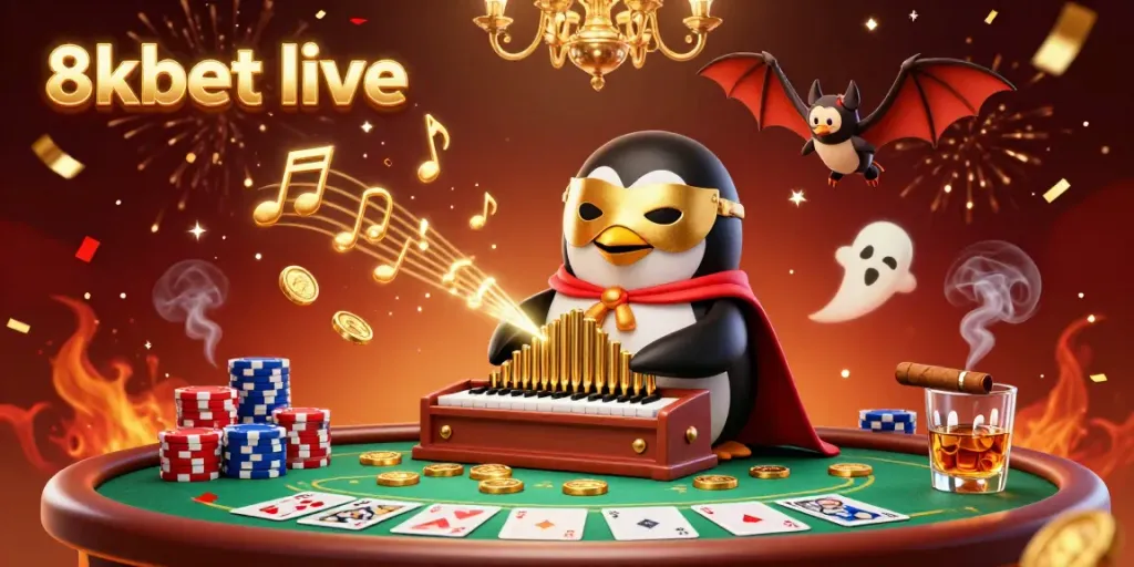 Experience excitement with 8xbet live as the penguin plays the organ showering coins, surrounded by vibrant poker elements.