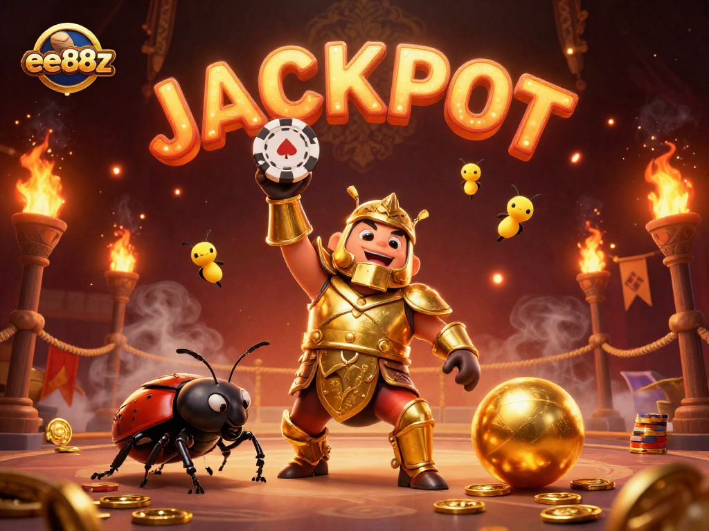 Experience the excitement of ee88z as the victorious beetle lifts a poker chip in a vibrant casino scene.