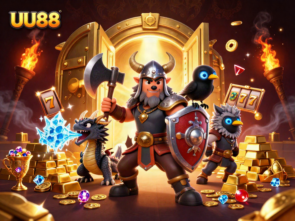 UU88 showcases a Viking warrior and dragon amidst golden treasures and slot machines, celebrating gaming excitement.