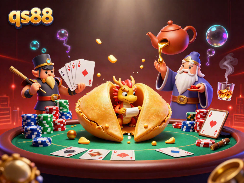 Engage with qs88's exciting casino world featuring dynamic poker action and vibrant, magical elements.