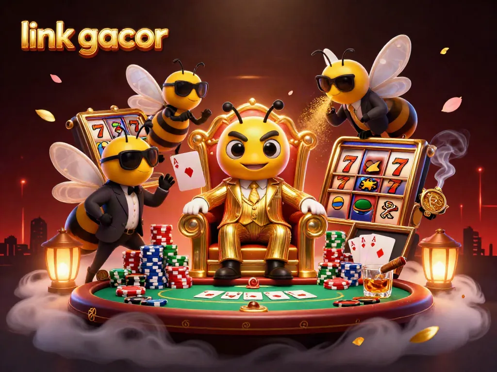 Experience the thrill of winning at link gacor with a cartoon bumblebee mob boss in a vibrant casino scene.
