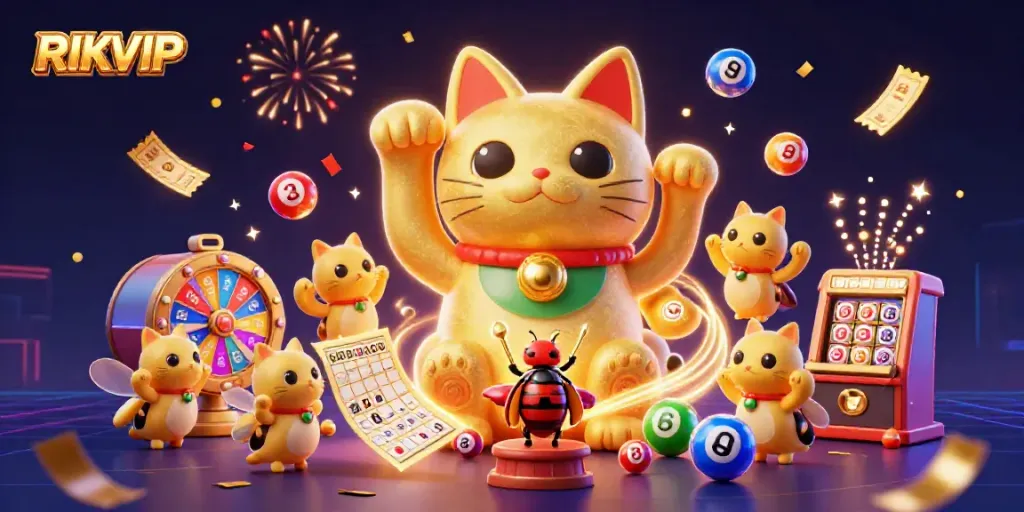 Experience excitement with RIKVIP in a vibrant 3D casino scene filled with dynamic gaming elements.