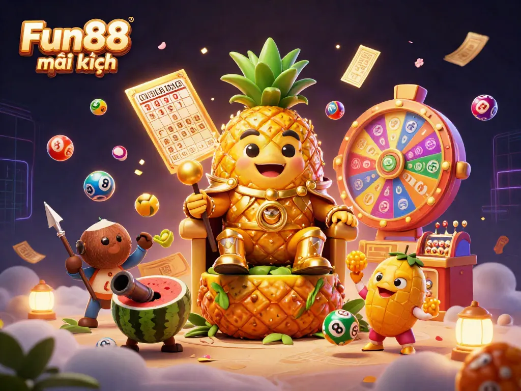 Experience the excitement of Fun88 mới nhất with vibrant lottery elements and dynamic 3D characters.