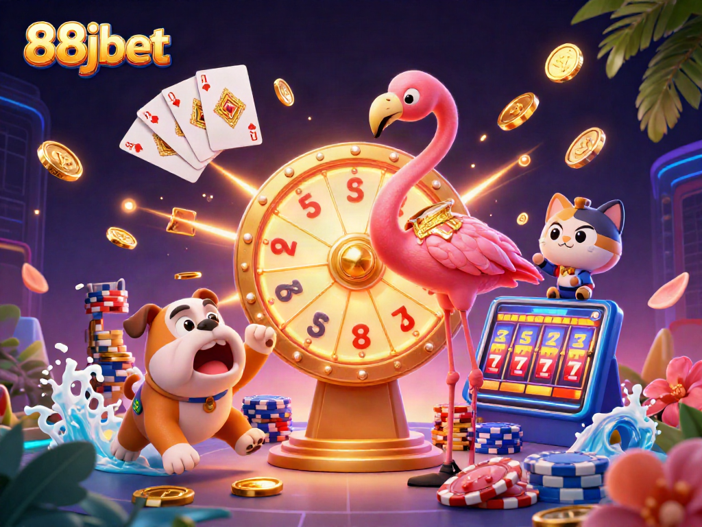 Engage with 88jbet's vibrant casino experience featuring cartoon characters, spinning prizes, and casino elements.