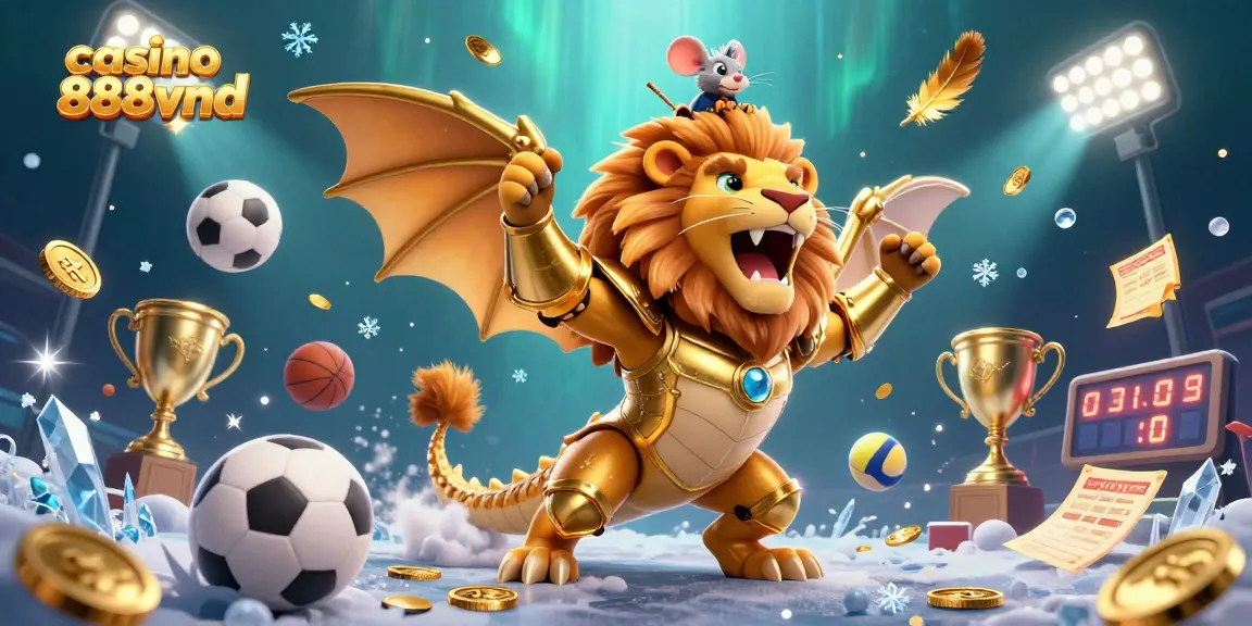 Engaging 3D scene showcasing casino 888vnd with a triumphant chimera and sports elements.