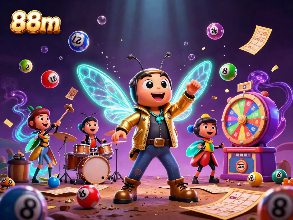 Engage with 88m as a cicada rock star and band celebrate in a vibrant casino scene bursting with excitement.