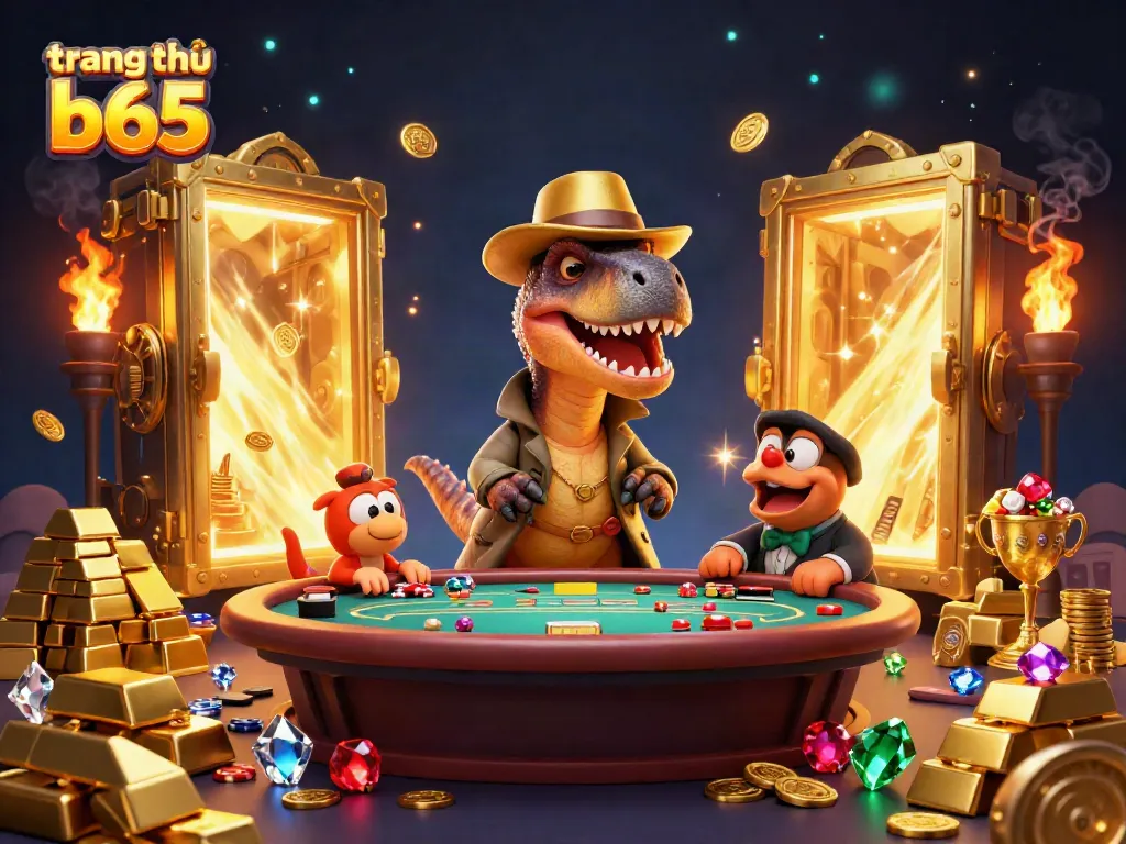 A cartoon velociraptor trying to play blackjack in a casino scene, highlighting the fun of trang chủ b65.