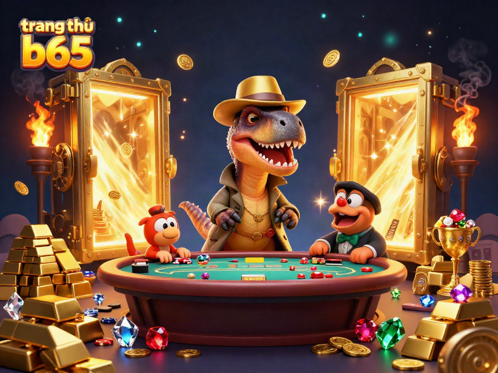 A cartoon velociraptor trying to play blackjack in a casino scene, highlighting the fun of trang chủ b65.