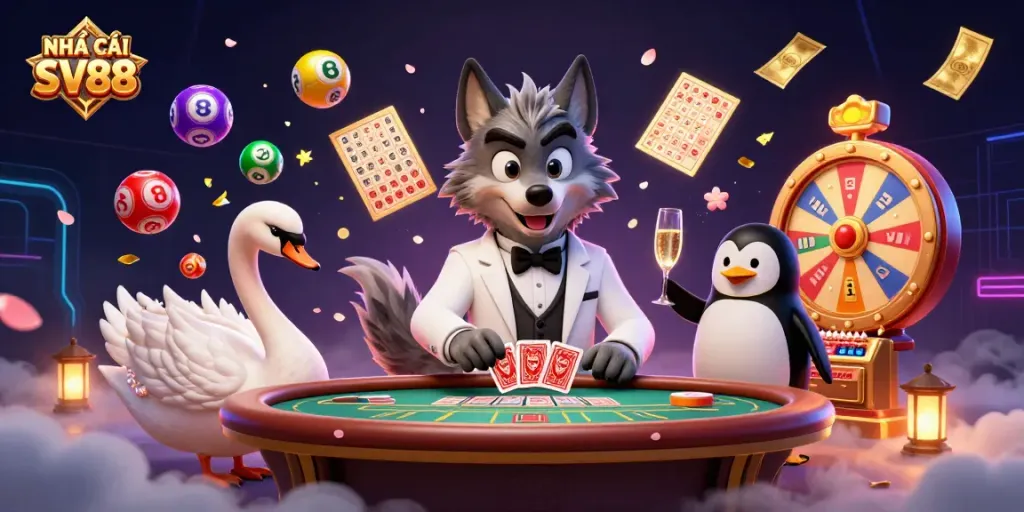 Engaging scene at NHÀ CÁI SV88 with vibrant characters at a baccarat table surrounded by dynamic casino elements.