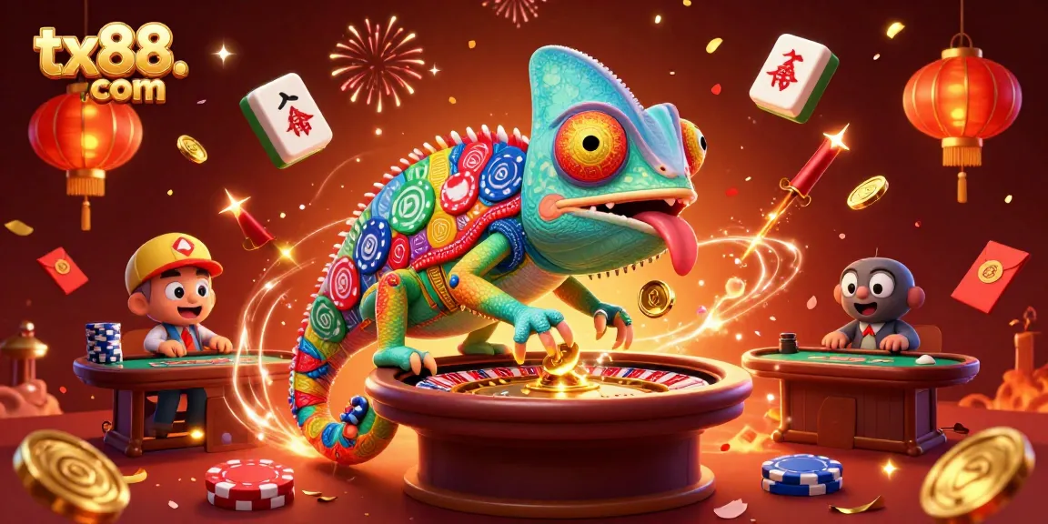 Experience the vibrant atmosphere at tx88. com with energetic casino elements and a playful chameleon host.