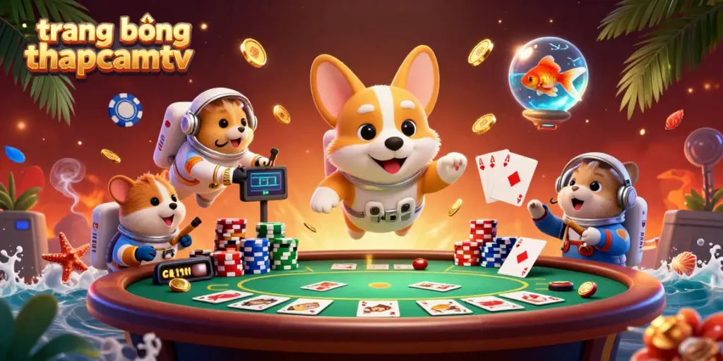 Experience the excitement of trang bóng thapcamtv in a vibrant space station casino with floating coins and charismatic characters.