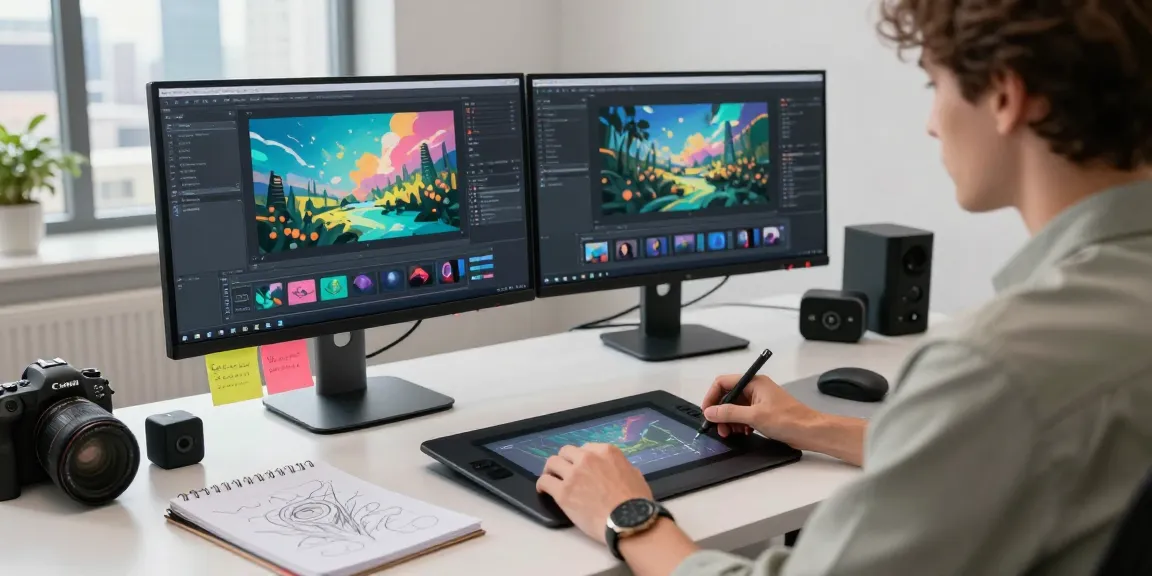 Creative professional using an AI video generator to design animations in a modern workspace with dual monitors.