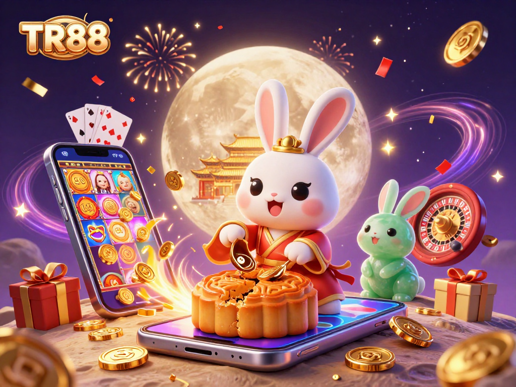 Experience the thrilling atmosphere of TR88 with a vibrant moon rabbit in a casino setting bursting with excitement and games.