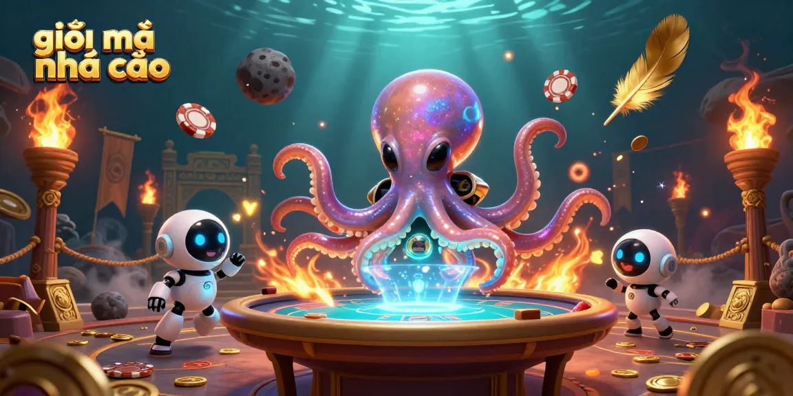 Engage with giải mã nhà cái as an alien octopus navigates a holographic poker table in vibrant casino-themed illustration.