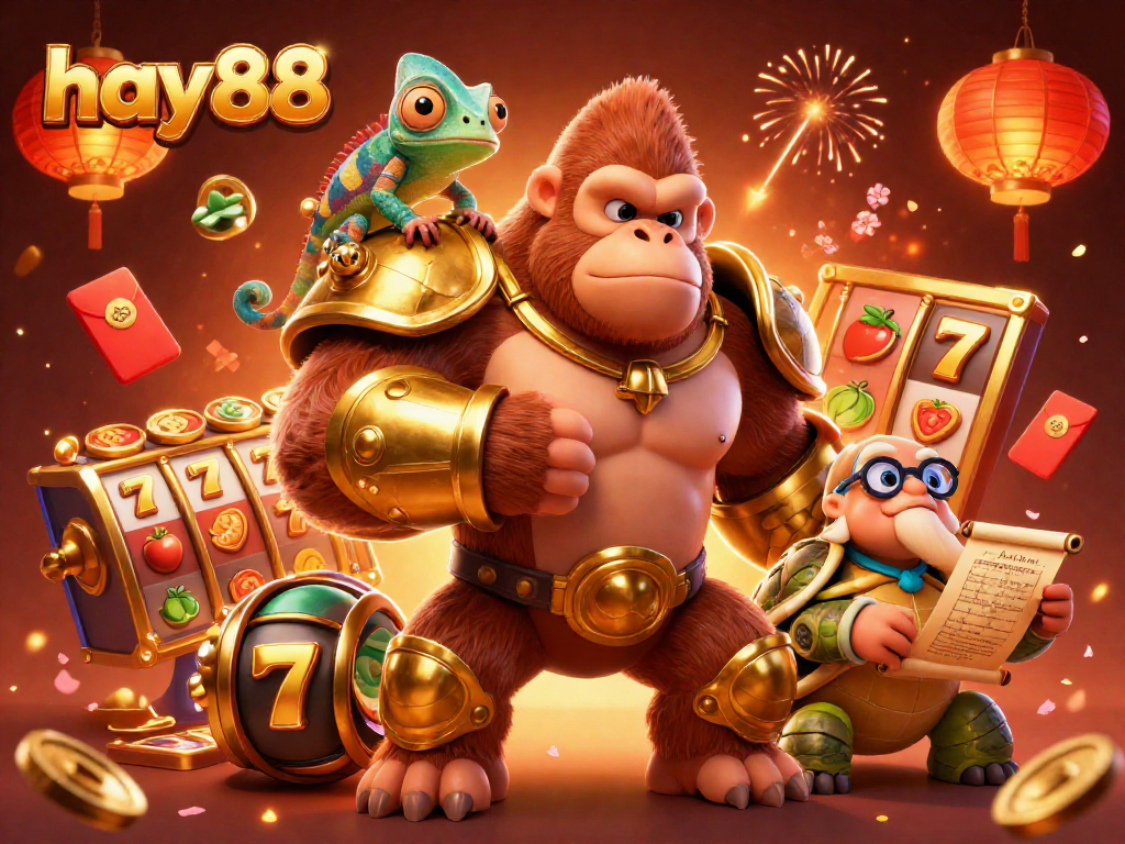Experience the excitement at hay88 with a dynamic 3D casino scene featuring a powerful gorilla king and vibrant game elements.