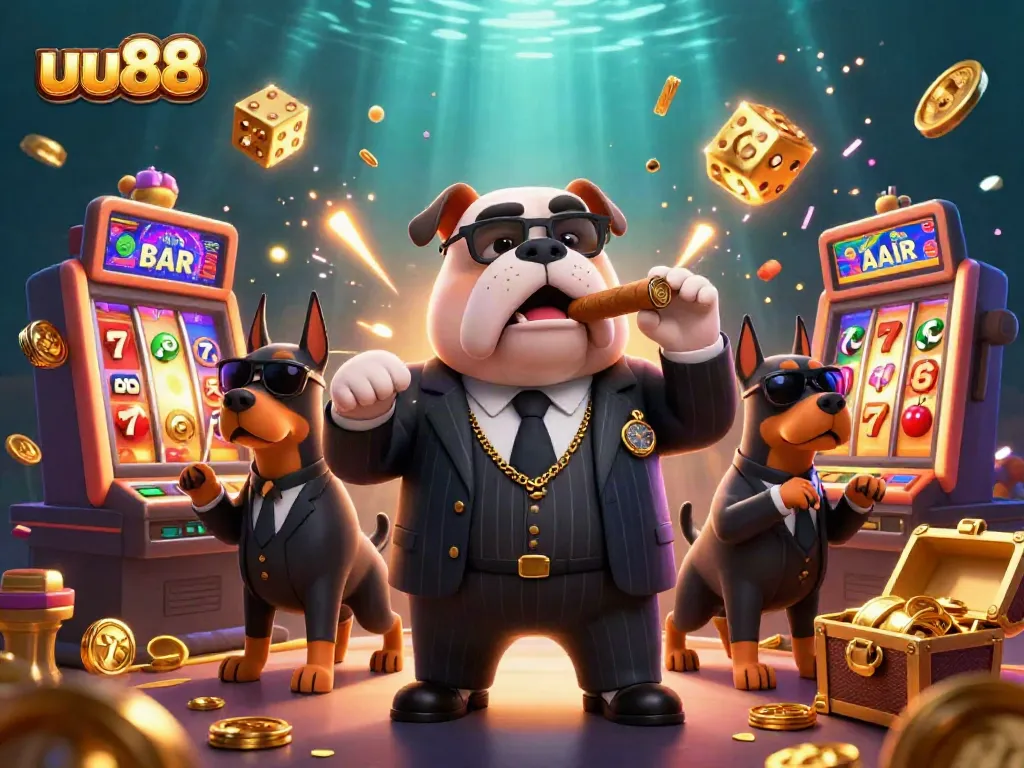 Engage with exciting casino action at uu88 featuring a dynamic bulldog and casino elements.