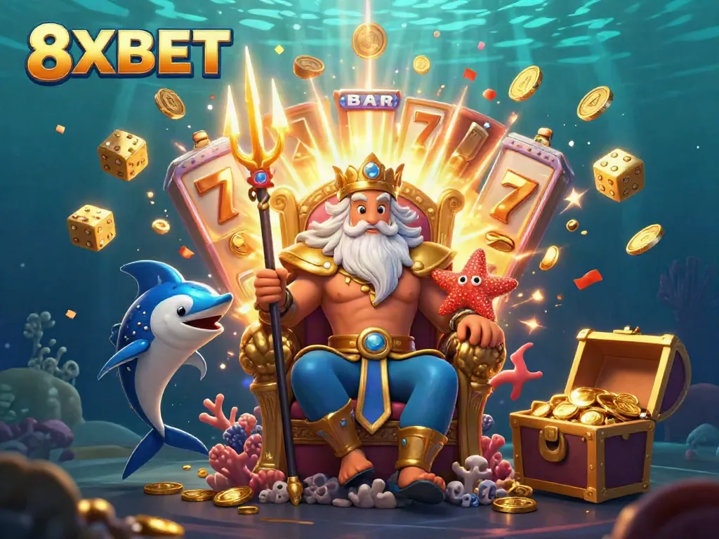 Experience the thrill of winning at 8XBET with Neptune amidst a vibrant casino explosion.